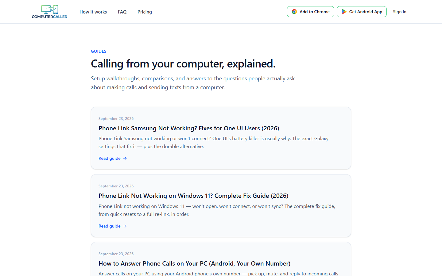 Skjermbilde av computercaller.com/guides: ComputerCaller har en egen guideseksjon om å ringe fra datamaskinen, blant annet om Microsoft Phone Link.
